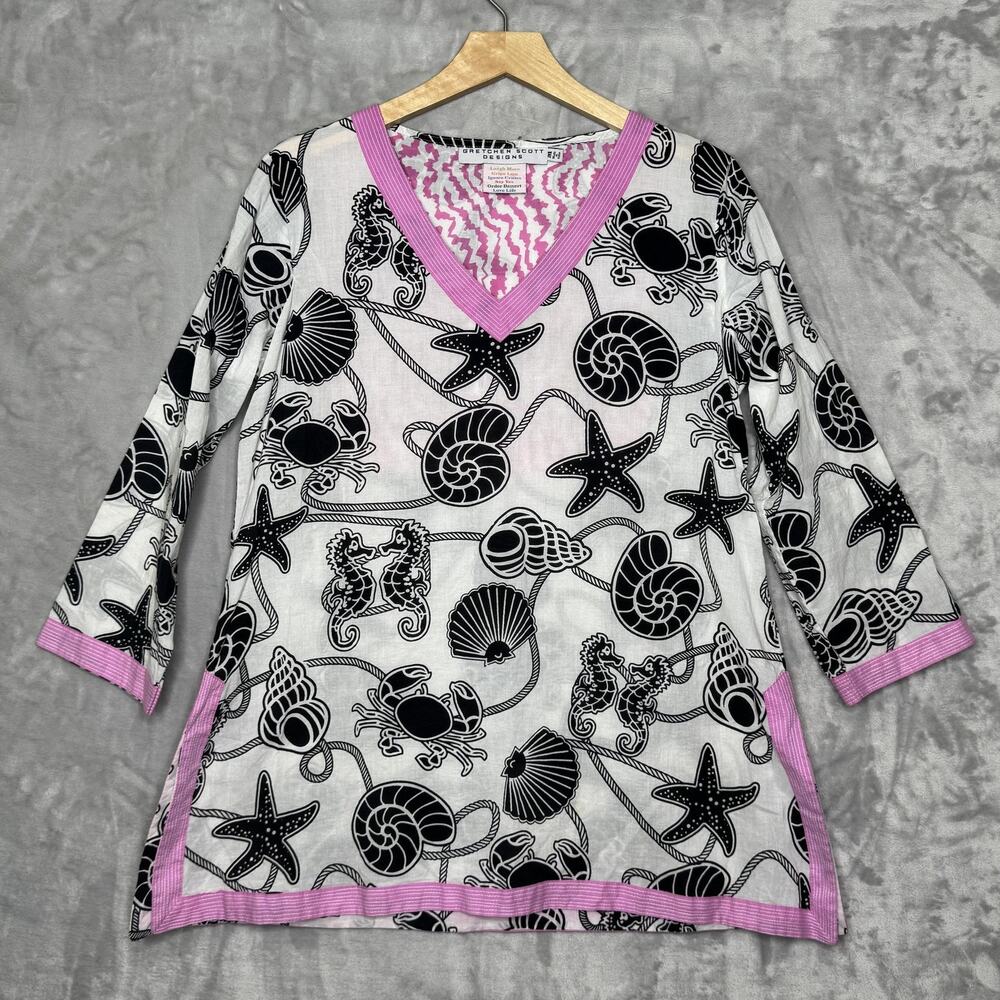 Gretchen Scott Shirt Womens M Black Pink Tunic V Neck 3/4 Sleeve Sea Life Resort